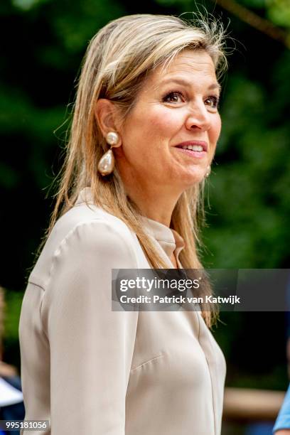 Queen Maxima of The Netherlands visits scouting group Hubertus Brandaan for the start of the international scouting event Roverway in Voorburg on...