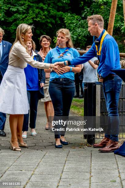 Queen Maxima of The Netherlands visits scouting group Hubertus Brandaan for the start of the international scouting event Roverway in Voorburg on...