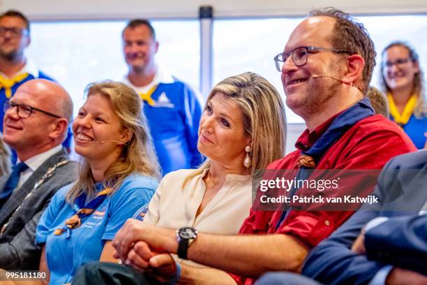 Queen Maxima of The Netherlands visits scouting group Hubertus Brandaan for the start of the international scouting event Roverway in Voorburg on...