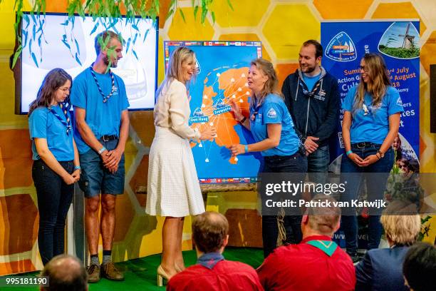 Queen Maxima of The Netherlands visits scouting group Hubertus Brandaan for the start of the international scouting event Roverway in Voorburg on...