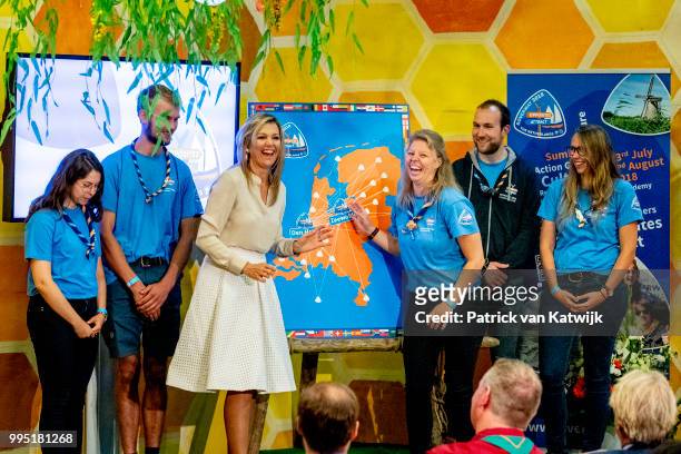 Queen Maxima of The Netherlands visits scouting group Hubertus Brandaan for the start of the international scouting event Roverway in Voorburg on...