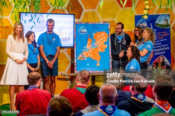 Queen Maxima of The Netherlands visits scouting group Hubertus Brandaan for the start of the international scouting event Roverway in Voorburg on...