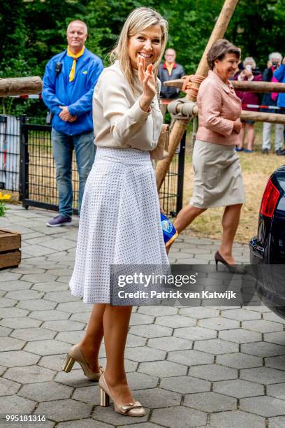 Queen Maxima of The Netherlands visits scouting group Hubertus Brandaan for the start of the international scouting event Roverway in Voorburg on...