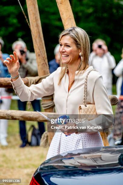 Queen Maxima of The Netherlands visits scouting group Hubertus Brandaan for the start of the international scouting event Roverway in Voorburg on...