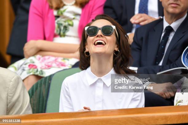 Michelle Dockery attends day eight of the Wimbledon Tennis Championships at the All England Lawn Tennis and Croquet Club on July 10, 2018 in London,...