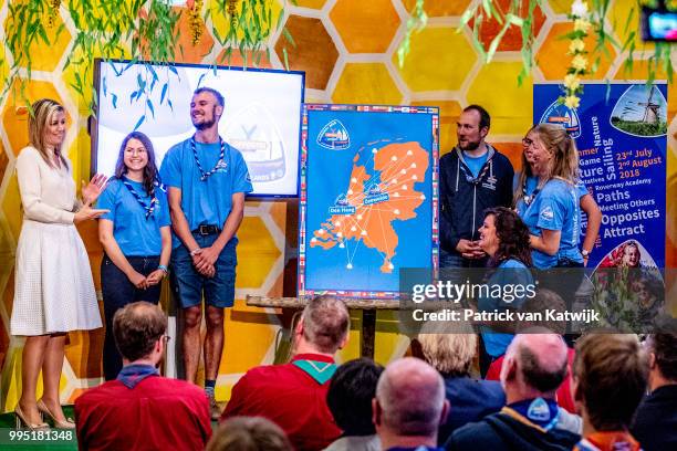 Queen Maxima of The Netherlands visits scouting group Hubertus Brandaan for the start of the international scouting event Roverway in Voorburg on...