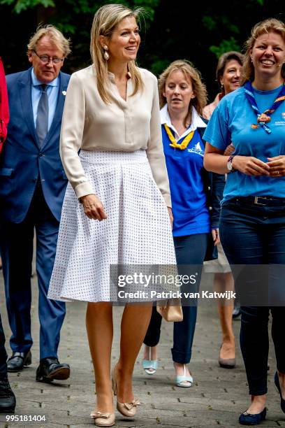 Queen Maxima of The Netherlands visits scouting group Hubertus Brandaan for the start of the international scouting event Roverway in Voorburg on...