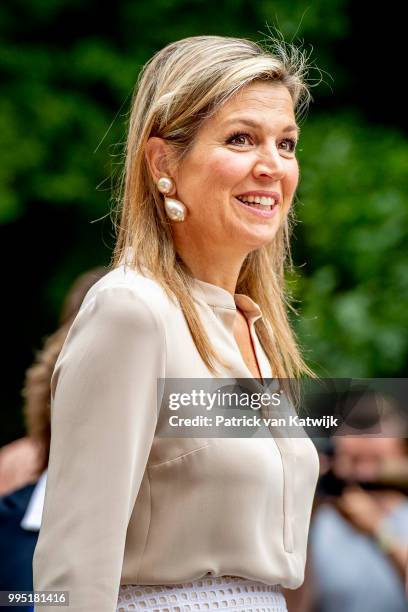 Queen Maxima of The Netherlands visits scouting group Hubertus Brandaan for the start of the international scouting event Roverway in Voorburg on...