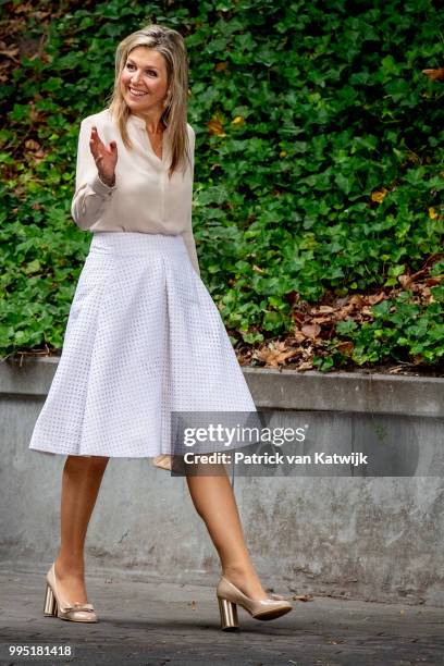 Queen Maxima of The Netherlands visits scouting group Hubertus Brandaan for the start of the international scouting event Roverway in Voorburg on...