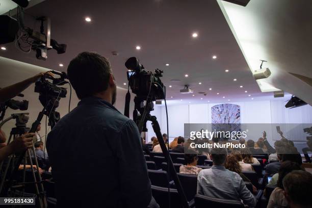 President of the European Parliament, Antonio Tajani, attends a press conference at the foreign press association headquarters on July 9, 2018 in...