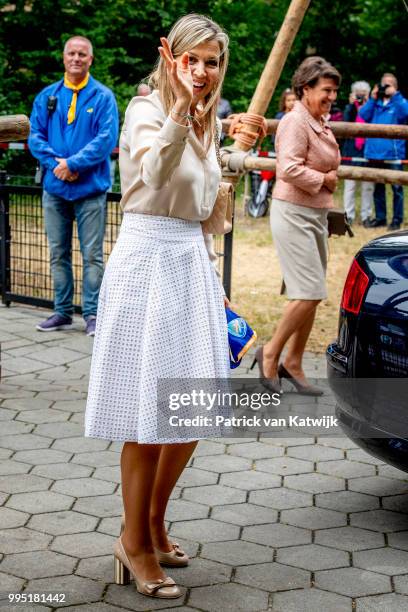 Queen Maxima of The Netherlands visits scouting group Hubertus Brandaan for the start of the international scouting event Roverway in Voorburg on...