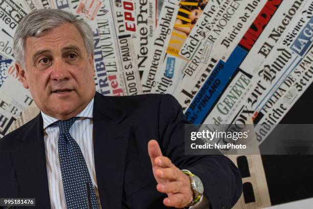 President of the European Parliament, Antonio Tajani, attends a press conference at the foreign press association headquarters on July 9, 2018 in...