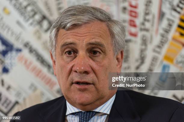 President of the European Parliament, Antonio Tajani, attends a press conference at the foreign press association headquarters on July 9, 2018 in...