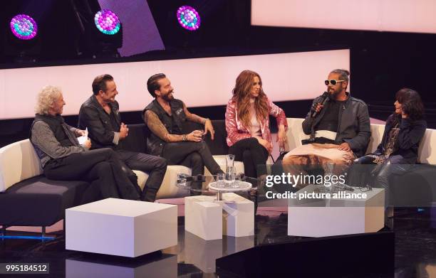 Thomas Gottschalk, Alec Völkel. Sascha Vollmer, Sasha, Rea Garvey and Nena in conversation at the television recording of 'Nena: Nothing Wasted' in...