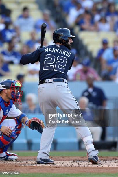 Nick Markakis of the Atlanta Braves bats during the game against the Los Angeles Dodgers at Dodger Stadium on June 9, 2018 in Los Angeles,...