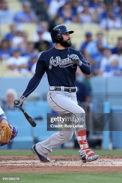 Nick Markakis of the Atlanta Braves bats during the game against the Los Angeles Dodgers at Dodger Stadium on June 9, 2018 in Los Angeles,...