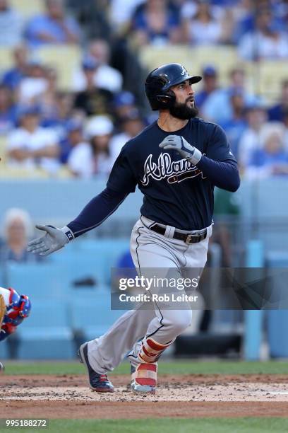 Nick Markakis of the Atlanta Braves bats during the game against the Los Angeles Dodgers at Dodger Stadium on June 9, 2018 in Los Angeles,...