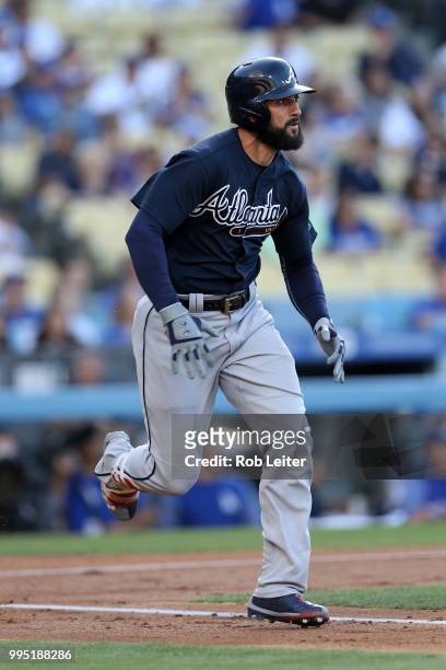 Nick Markakis of the Atlanta Braves runs during the game against the Los Angeles Dodgers at Dodger Stadium on June 9, 2018 in Los Angeles,...