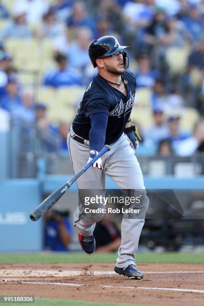 Tyler Flowers of the Atlanta Braves bats during the game against the Los Angeles Dodgers at Dodger Stadium on June 9, 2018 in Los Angeles,...
