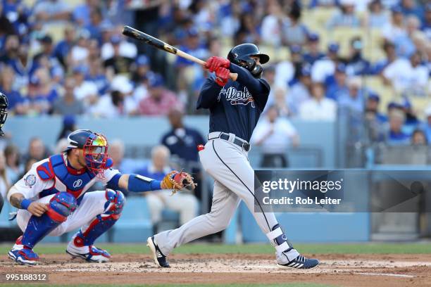 Ender Inciarte of the Atlanta Braves bats during the game against the Los Angeles Dodgers at Dodger Stadium on June 9, 2018 in Los Angeles,...