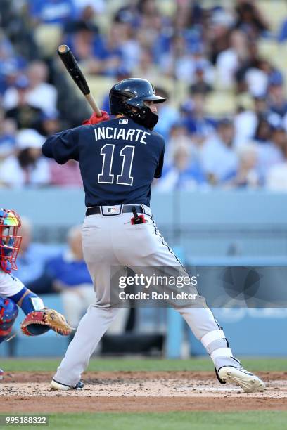 Ender Inciarte of the Atlanta Braves bats during the game against the Los Angeles Dodgers at Dodger Stadium on June 9, 2018 in Los Angeles,...