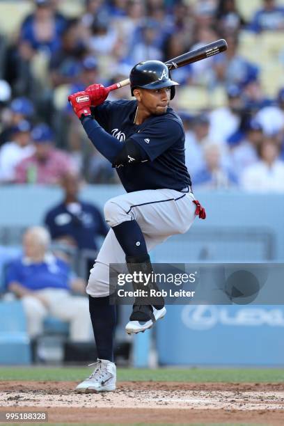 Johan Camargo of the Atlanta Braves bats during the game against the Los Angeles Dodgers at Dodger Stadium on June 9, 2018 in Los Angeles,...