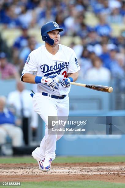 Joc Pederson of the Los Angeles Dodgers bats during the game against the Atlanta Braves at Dodger Stadium on June 9, 2018 in Los Angeles, California....