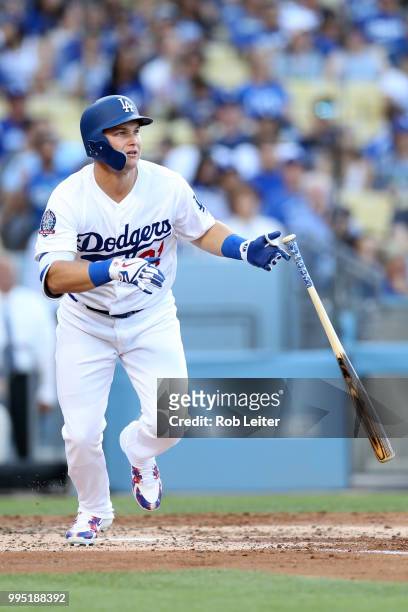 Joc Pederson of the Los Angeles Dodgers bats during the game against the Atlanta Braves at Dodger Stadium on June 9, 2018 in Los Angeles, California....