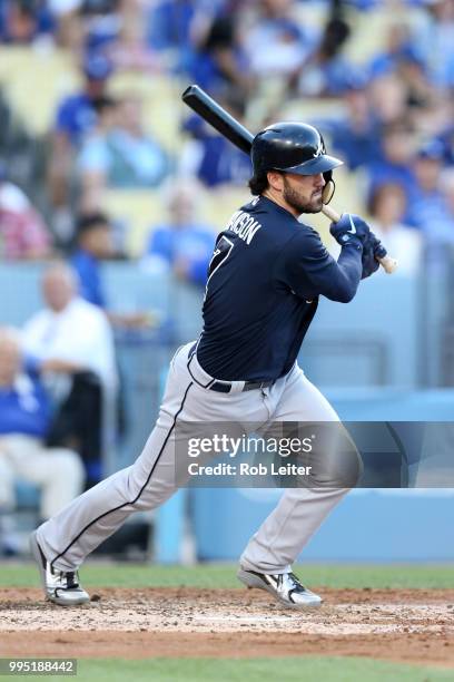 Dansby Swanson of the Atlanta Braves bats during the game against the Los Angeles Dodgers at Dodger Stadium on June 9, 2018 in Los Angeles,...