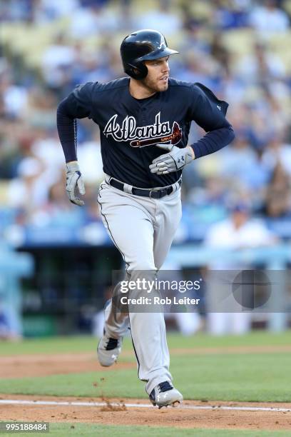 Freddie Freeman of the Atlanta Braves runs during the game against the Los Angeles Dodgers at Dodger Stadium on June 9, 2018 in Los Angeles,...