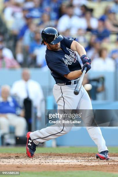 Dansby Swanson of the Atlanta Braves bats during the game against the Los Angeles Dodgers at Dodger Stadium on June 9, 2018 in Los Angeles,...
