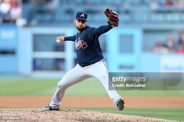 Anibal Sanchez of the Atlanta Braves pitches during the game against the Los Angeles Dodgers at Dodger Stadium on June 9, 2018 in Los Angeles,...