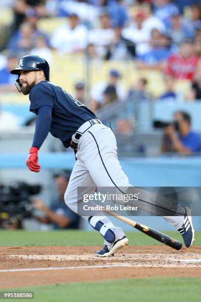 Ender Inciarte of the Atlanta Braves bats during the game against the Los Angeles Dodgers at Dodger Stadium on June 9, 2018 in Los Angeles,...