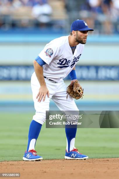 Chris Taylor of the Los Angeles Dodgers plays shortstop during the game against the Atlanta Braves at Dodger Stadium on June 9, 2018 in Los Angeles,...