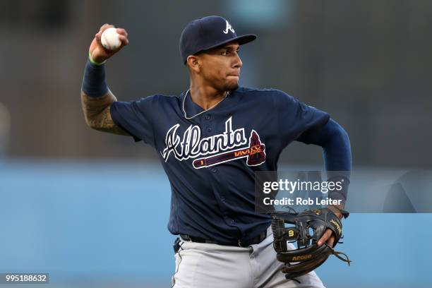 Johan Camargo of the Atlanta Braves plays third base during the game against the Los Angeles Dodgers at Dodger Stadium on June 9, 2018 in Los...