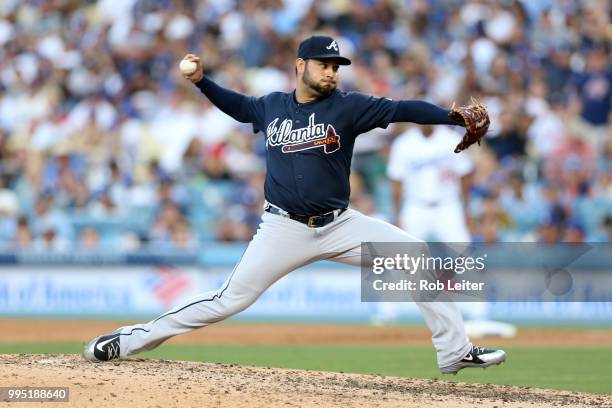 Anibal Sanchez of the Atlanta Braves pitches during the game against the Los Angeles Dodgers at Dodger Stadium on June 9, 2018 in Los Angeles,...