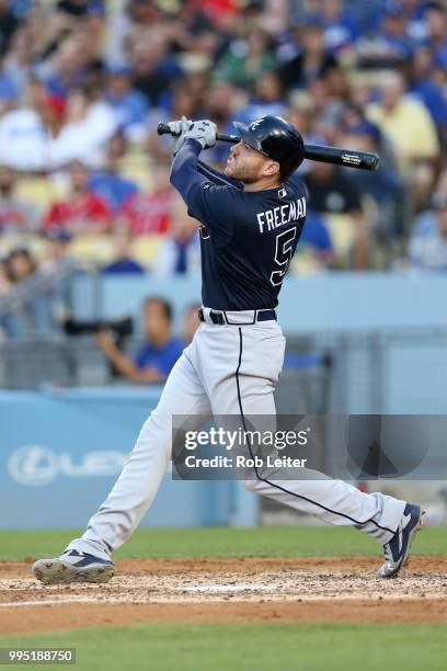 Freddie Freeman of the Atlanta Braves bats during the game against the Los Angeles Dodgers at Dodger Stadium on June 9, 2018 in Los Angeles,...