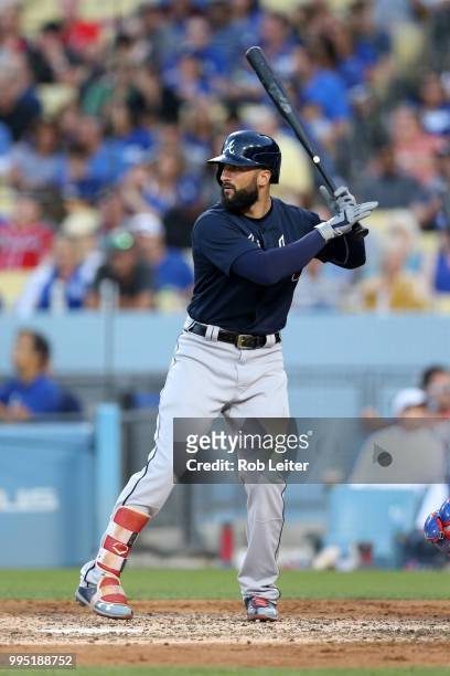 Nick Markakis of the Atlanta Braves bats during the game against the Los Angeles Dodgers at Dodger Stadium on June 9, 2018 in Los Angeles,...