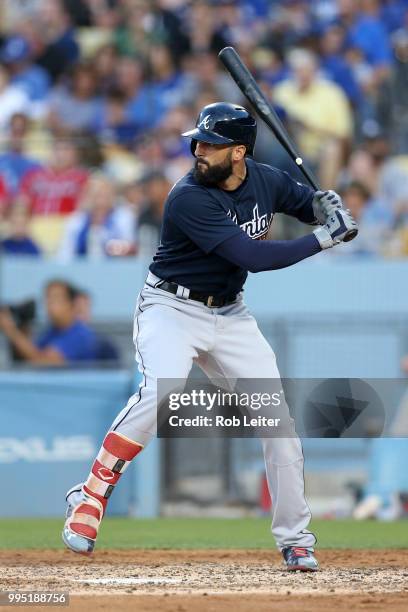 Nick Markakis of the Atlanta Braves bats during the game against the Los Angeles Dodgers at Dodger Stadium on June 9, 2018 in Los Angeles,...