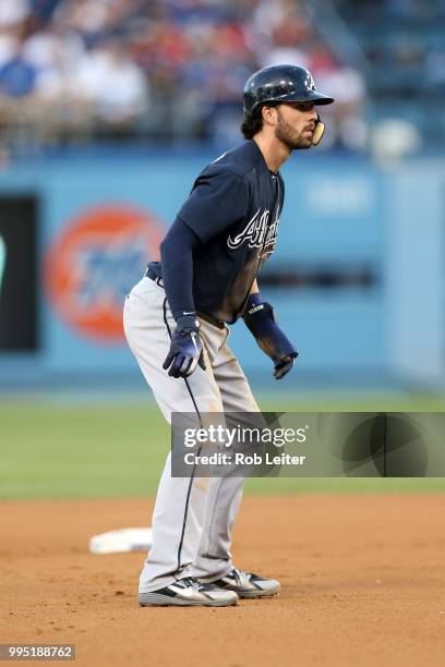 Dansby Swanson of the Atlanta Braves runs during the game against the Los Angeles Dodgers at Dodger Stadium on June 9, 2018 in Los Angeles,...