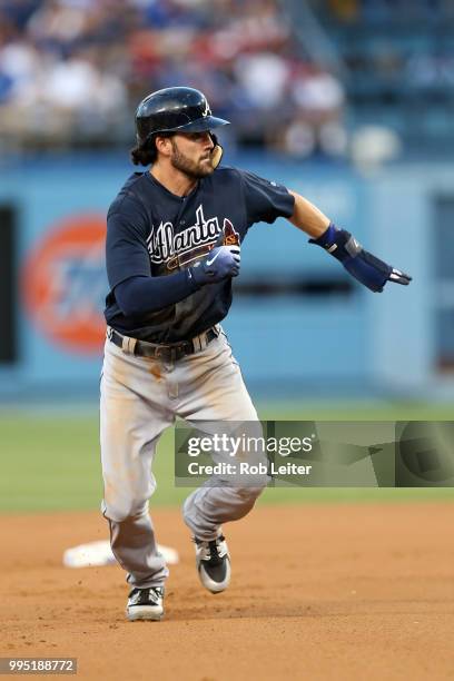 Dansby Swanson of the Atlanta Braves runs during the game against the Los Angeles Dodgers at Dodger Stadium on June 9, 2018 in Los Angeles,...