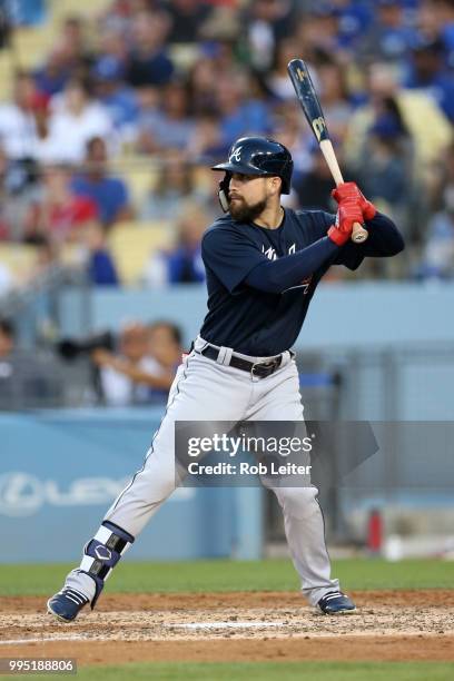 Ender Inciarte of the Atlanta Braves bats during the game against the Los Angeles Dodgers at Dodger Stadium on June 9, 2018 in Los Angeles,...