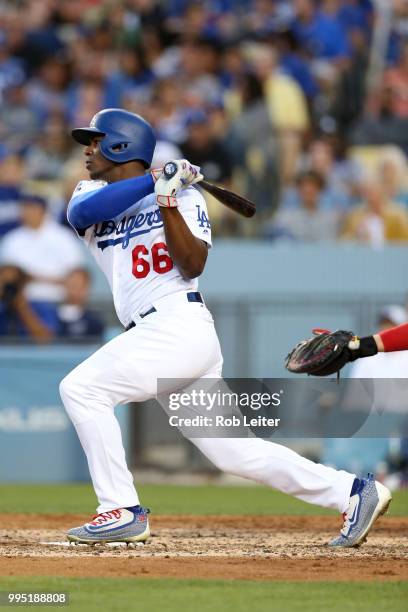 Yasiel Puig of the Los Angeles Dodgers bats during the game against the Atlanta Braves at Dodger Stadium on June 9, 2018 in Los Angeles, California....