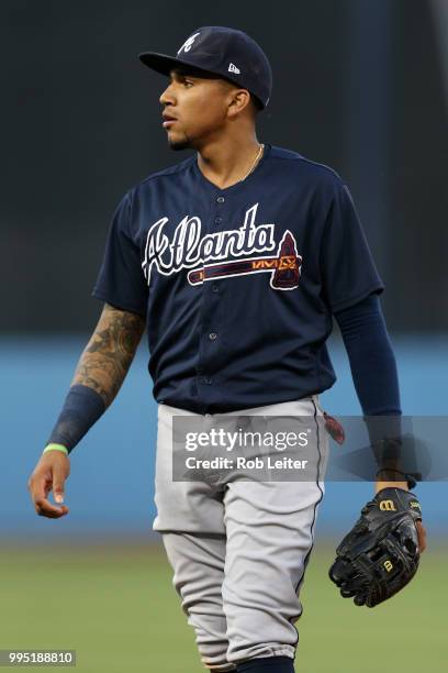 Johan Camargo of the Atlanta Braves looks on during the game against the Los Angeles Dodgers at Dodger Stadium on June 9, 2018 in Los Angeles,...