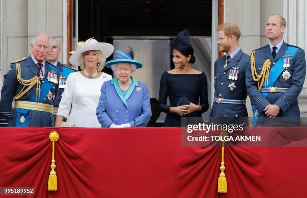 Britain's Prince Charles, Prince of Wales, Britain's Camilla, Duchess of Cornwall, Britain's Queen Elizabeth II, Britain's Meghan, Duchess of Sussex,...