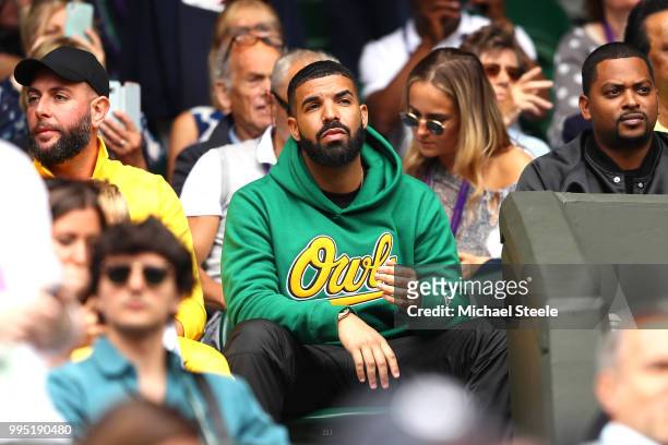 Rapper Drake attends day eight of the Wimbledon Lawn Tennis Championships at All England Lawn Tennis and Croquet Club on July 10, 2018 in London,...