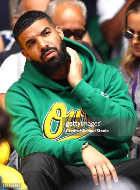 Rapper Drake attends day eight of the Wimbledon Lawn Tennis Championships at All England Lawn Tennis and Croquet Club on July 10, 2018 in London,...