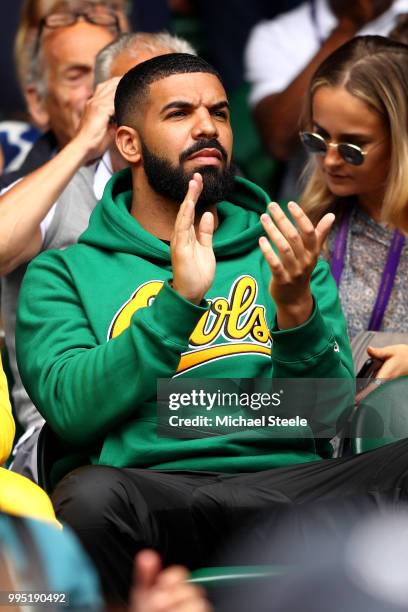 Rapper Drake attends day eight of the Wimbledon Lawn Tennis Championships at All England Lawn Tennis and Croquet Club on July 10, 2018 in London,...