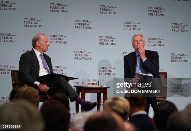 French politician Michel Barnier speaks at the Council of Foreign Relations as Richard Haass, President of the CFR listens, on July 10, 2018 in New...