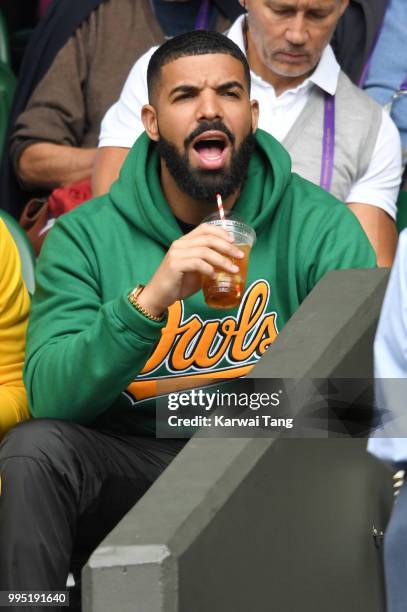 Rapper Drake attends day eight of the Wimbledon Tennis Championships at the All England Lawn Tennis and Croquet Club on July 10, 2018 in London,...